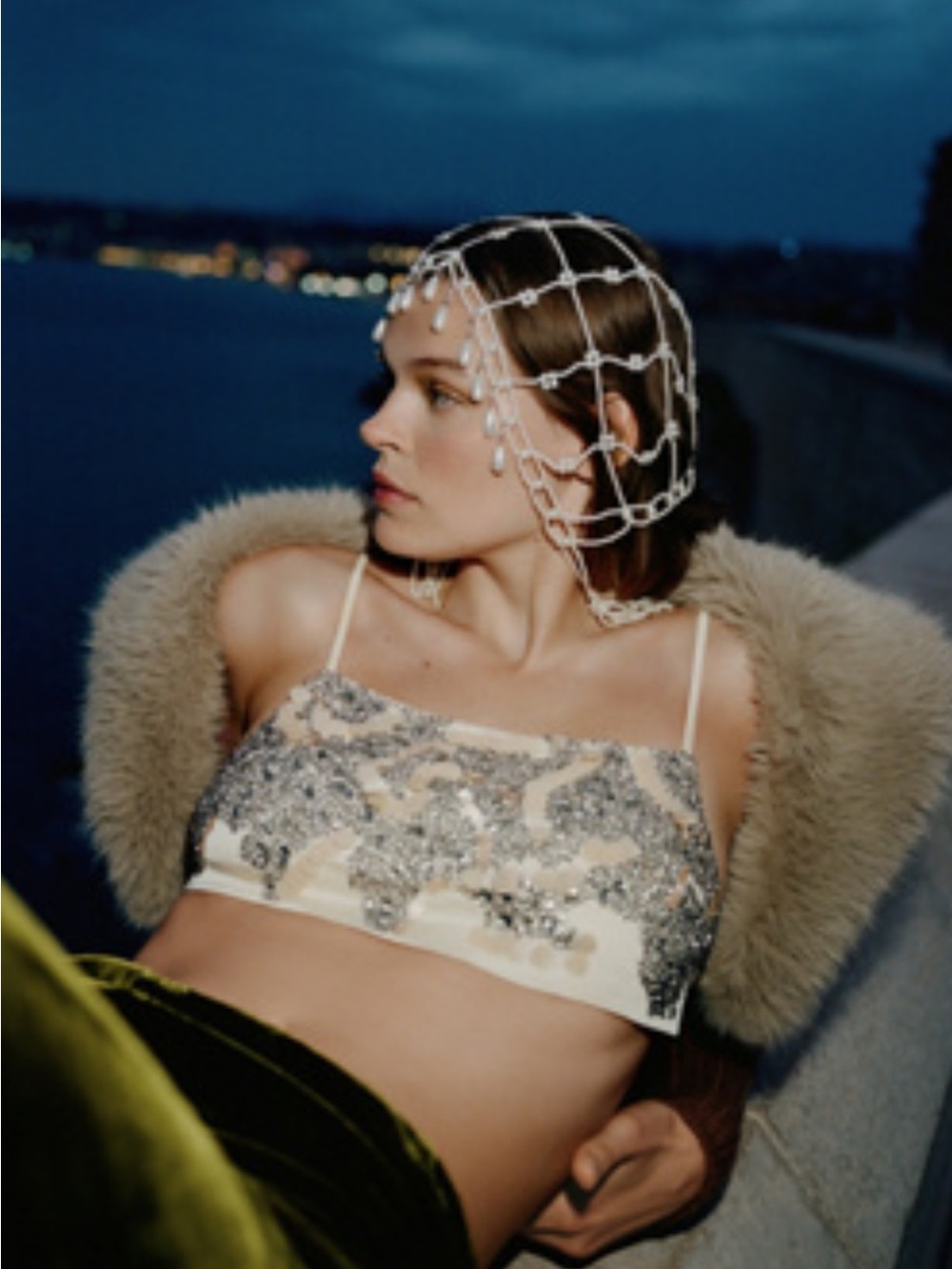 Anthropologie Silver Sequin & Champagne Satin Crop Top